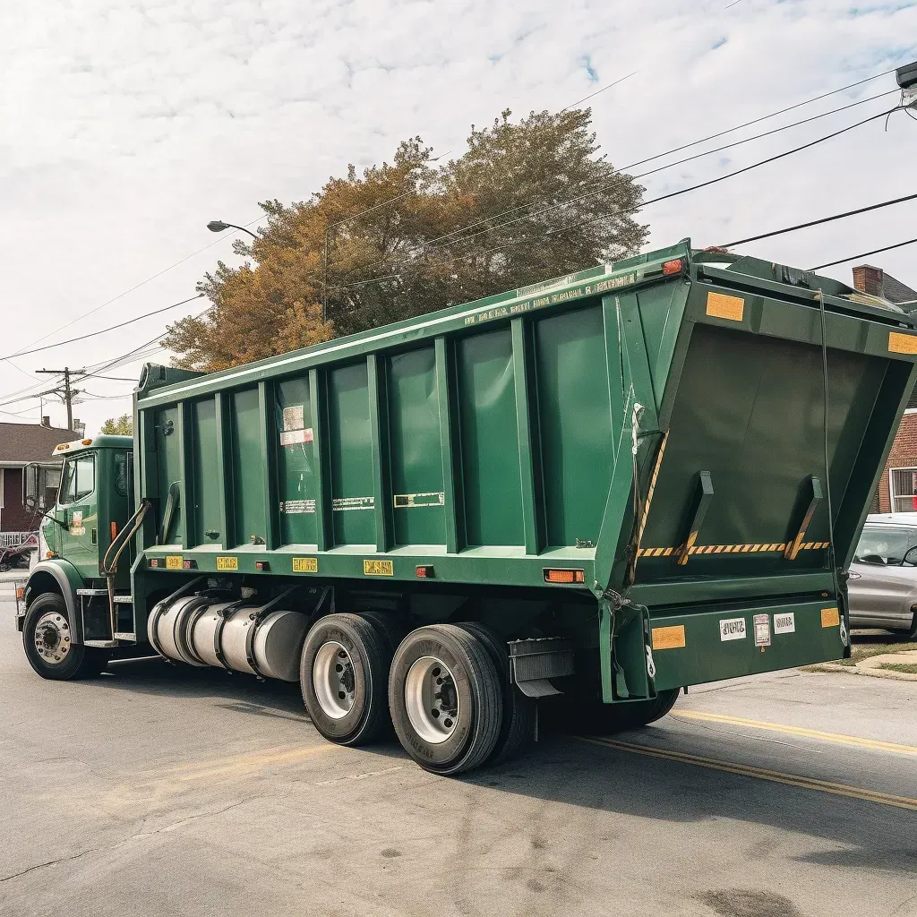 A large Green Dumptruck  parked outside.