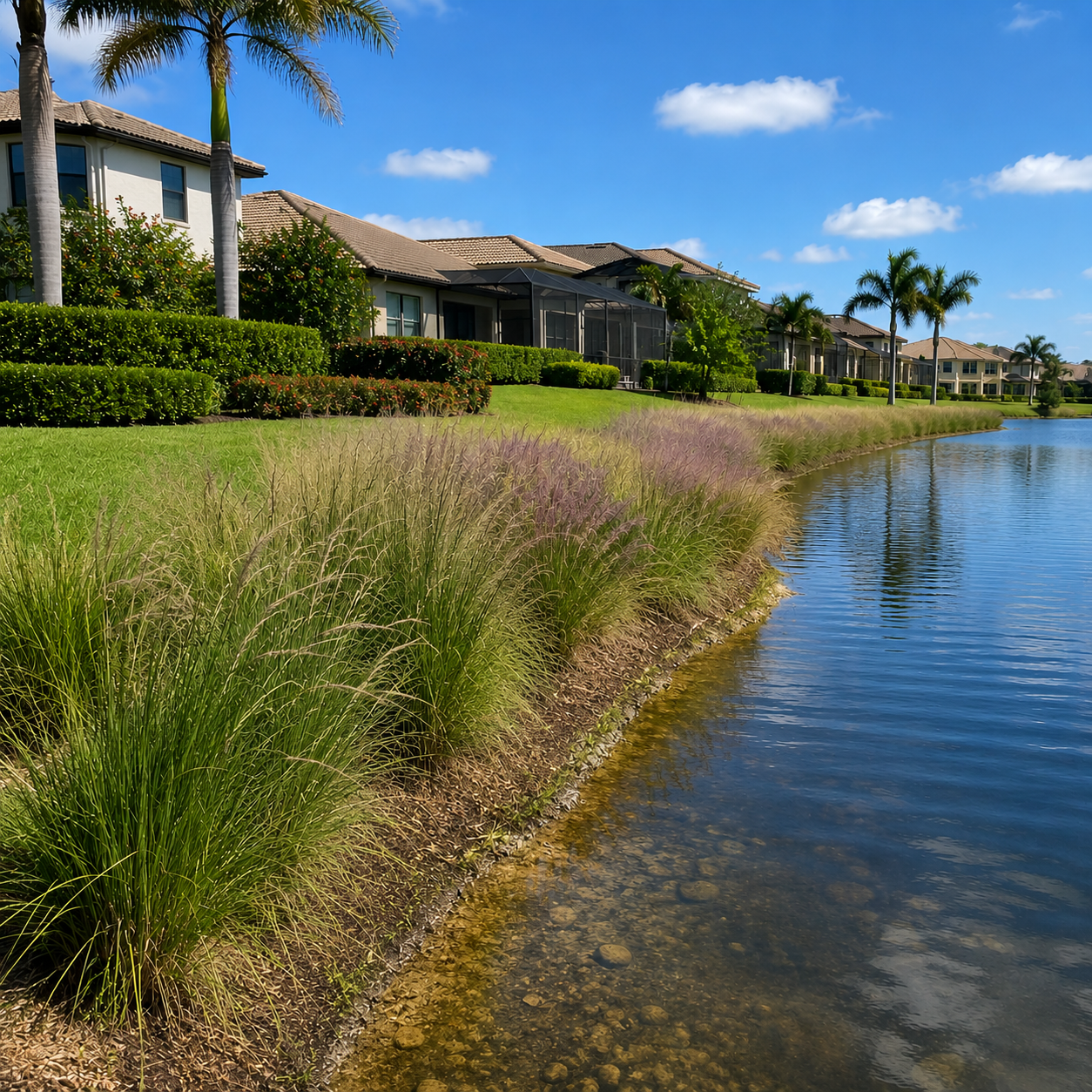 Person tending plants beside a pond in a sunny garden with palm trees and a house nearby
