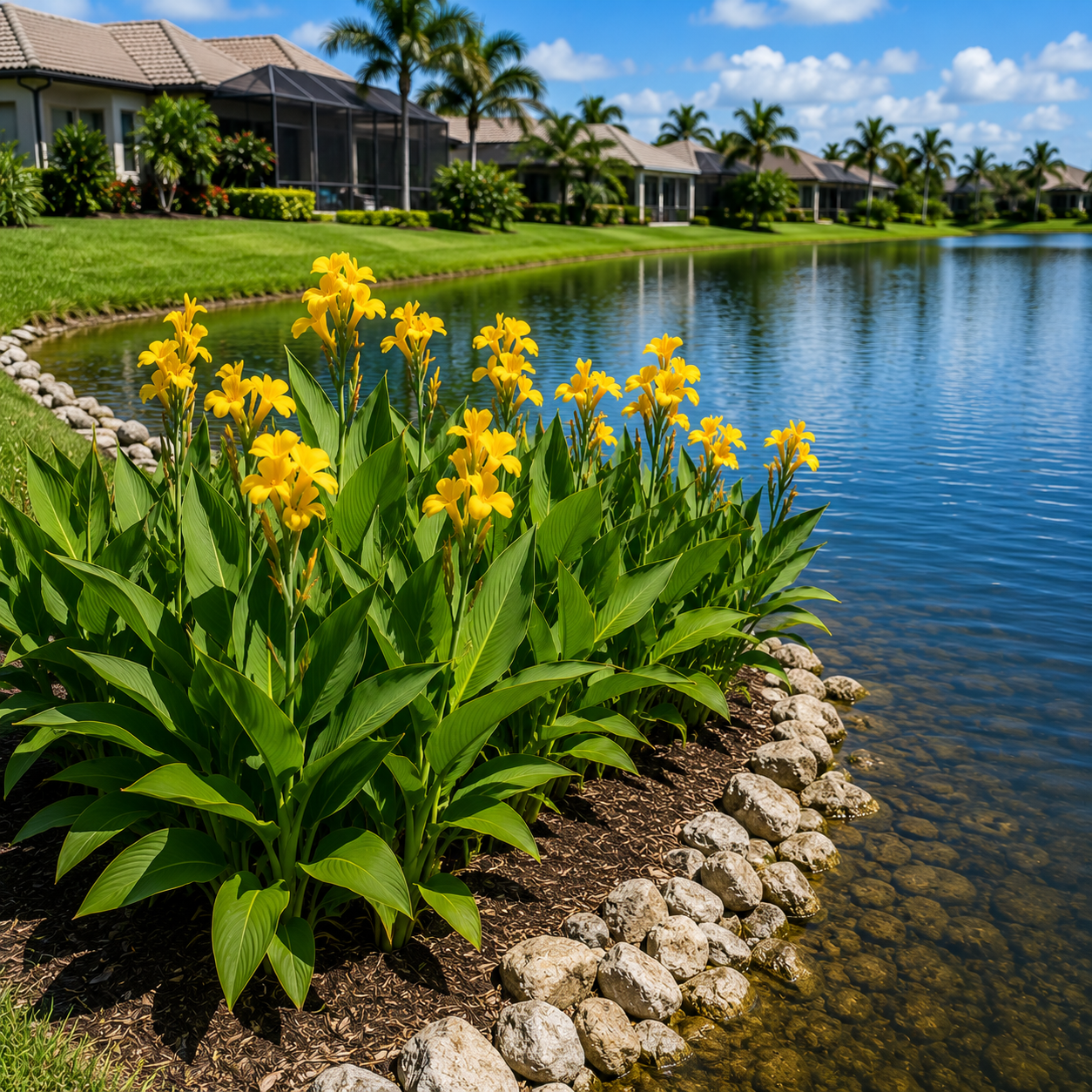 Person tending plants beside a pond in a sunny garden with palm trees and a house nearby