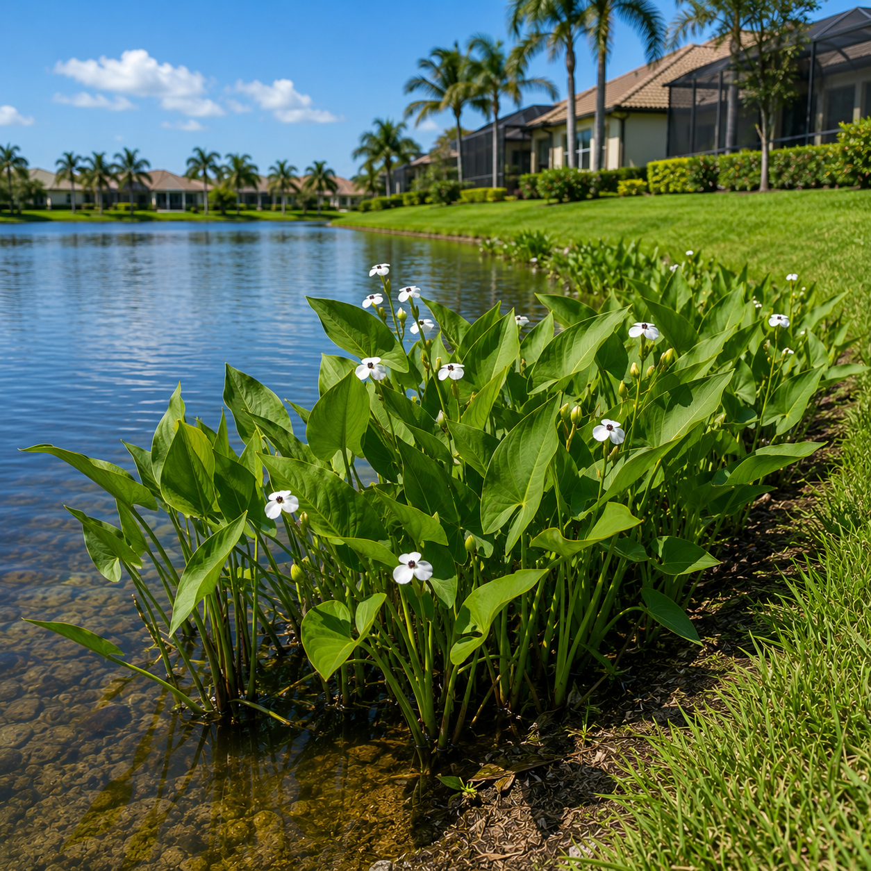 Person tending plants beside a pond in a sunny garden with palm trees and a house nearby