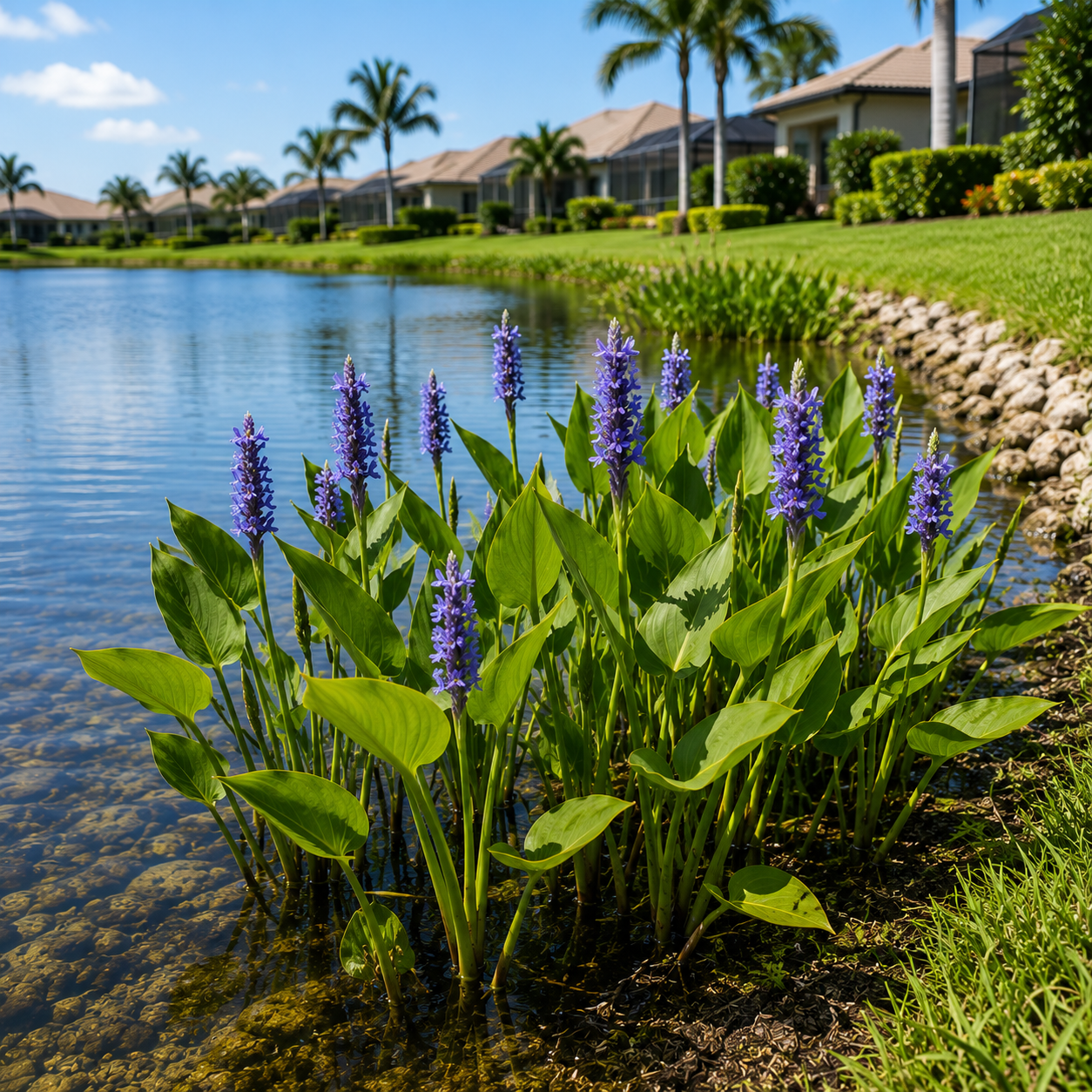 Person tending plants beside a pond in a sunny garden with palm trees and a house nearby