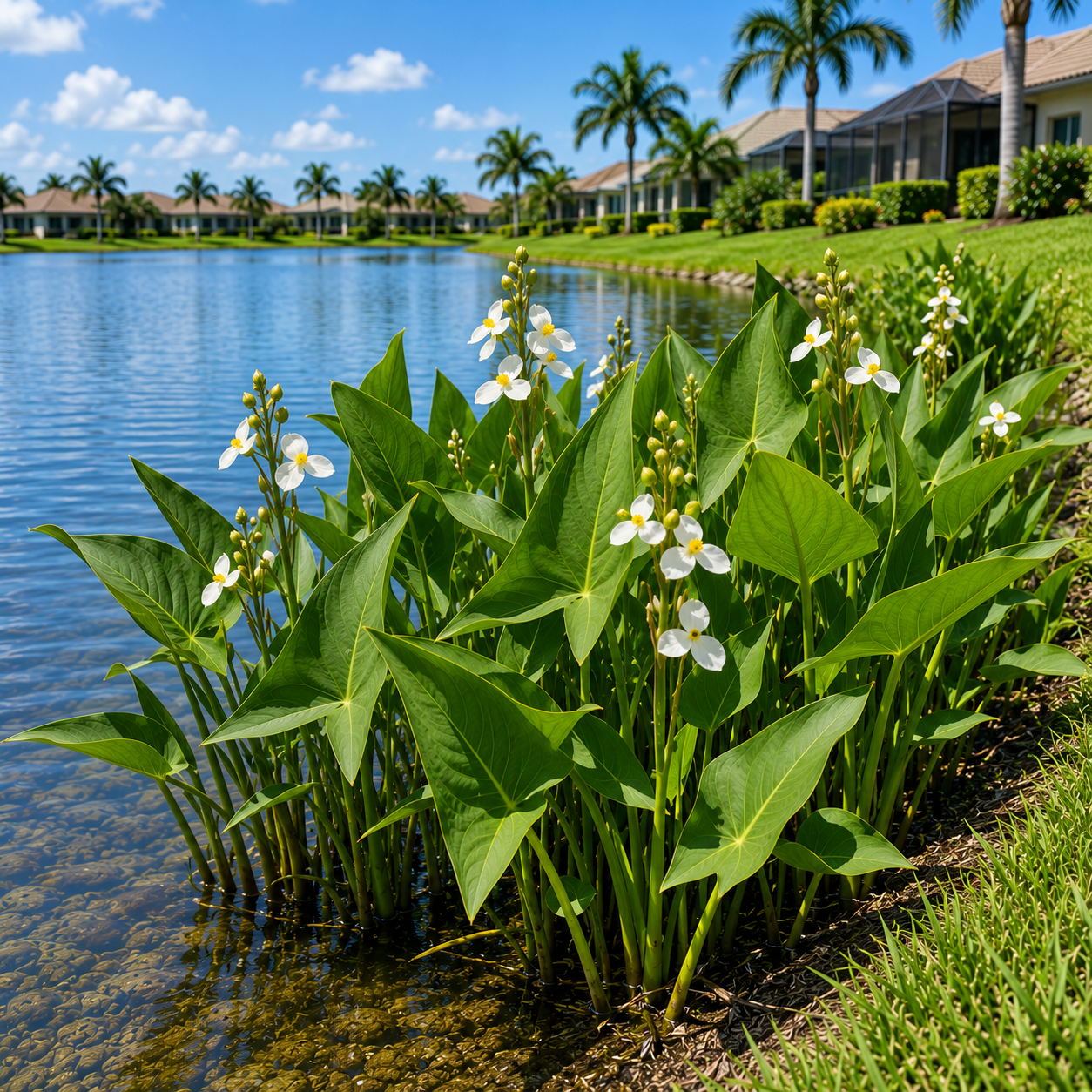 Person tending plants beside a pond in a sunny garden with palm trees and a house nearby