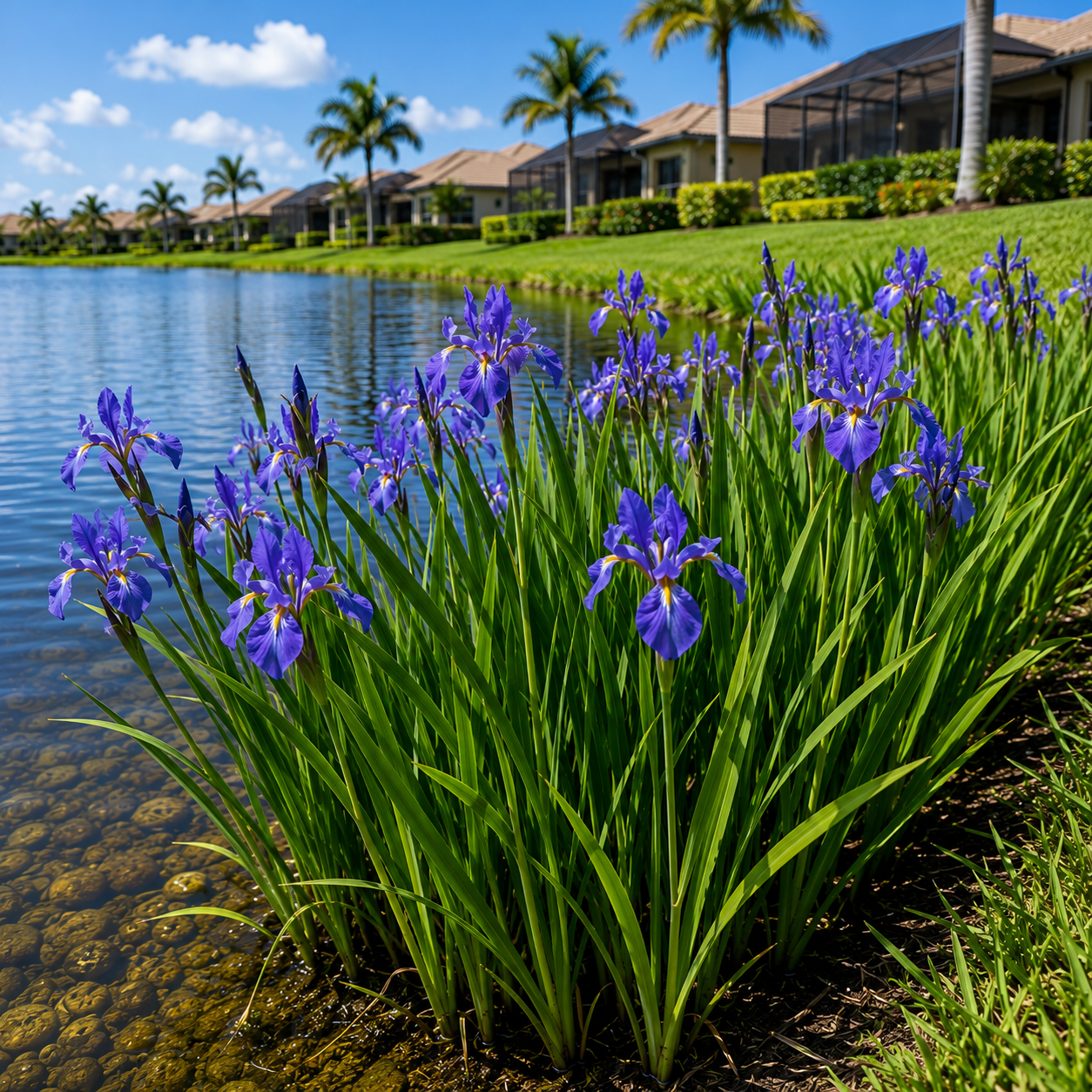 Person tending plants beside a pond in a sunny garden with palm trees and a house nearby