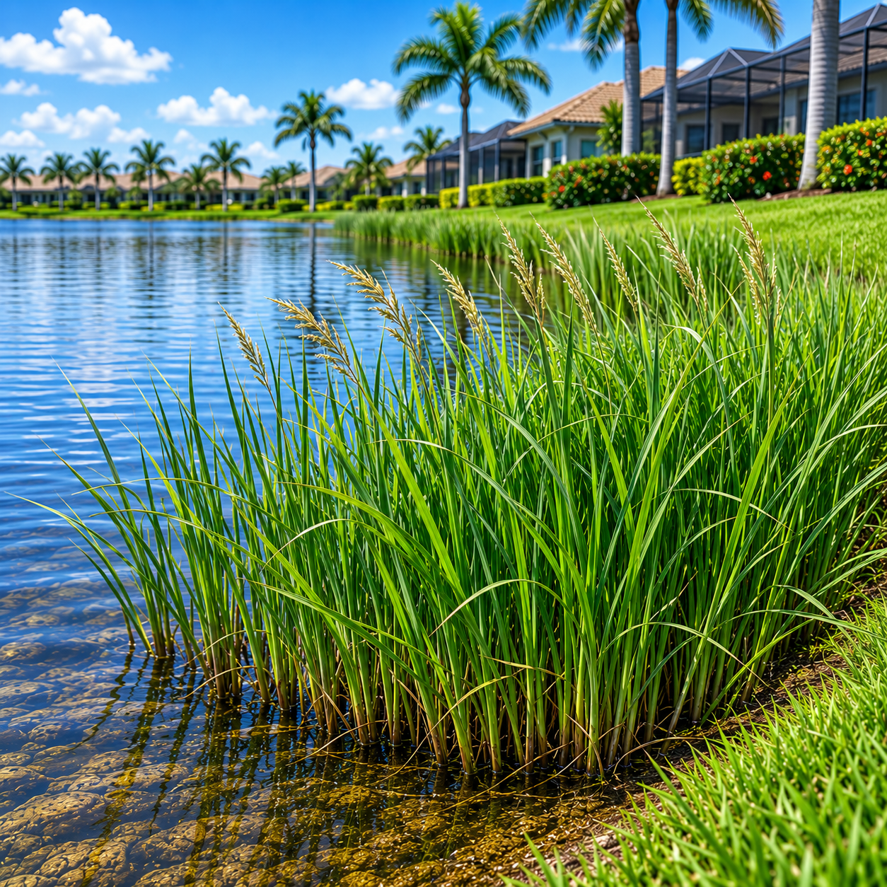Person tending plants beside a pond in a sunny garden with palm trees and a house nearby