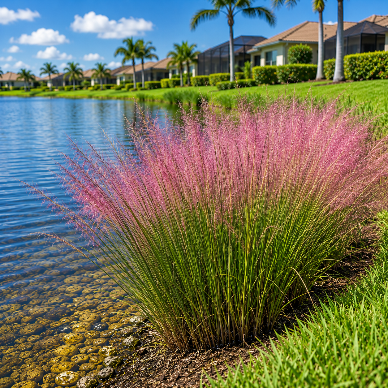 Person tending plants beside a pond in a sunny garden with palm trees and a house nearby