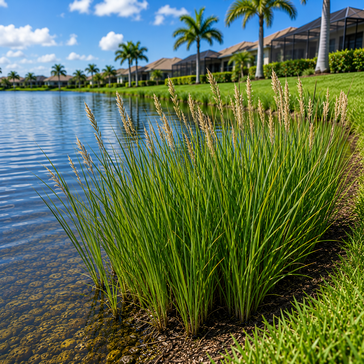 Person tending plants beside a pond in a sunny garden with palm trees and a house nearby