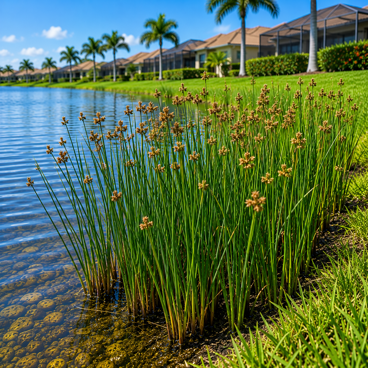 Person tending plants beside a pond in a sunny garden with palm trees and a house nearby