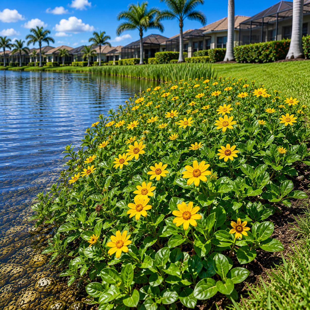 Person tending plants beside a pond in a sunny garden with palm trees and a house nearby