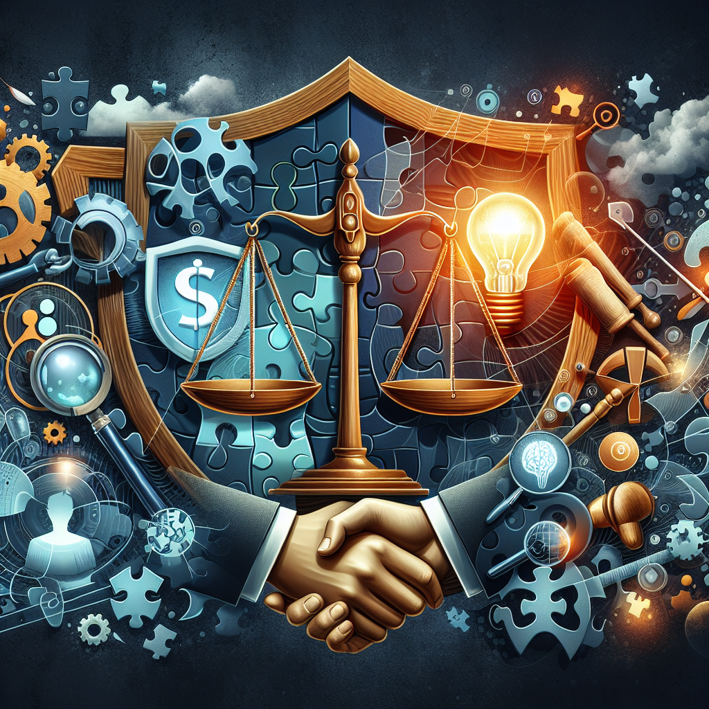 Scales of justice, handshake, puzzle pieces, and gears with a shield. Represents law, business and innovation.