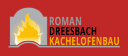 Roman Dreesbach Kachelofenbau Logo mit Flammensymbol auf rotem Hintergrund