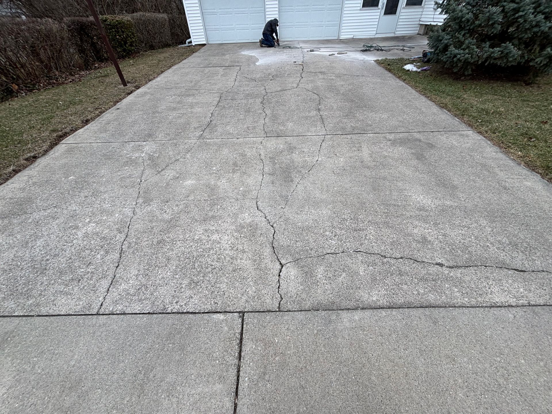 Cracked concrete driveway leading to a house, with a small black cat near the garage door.