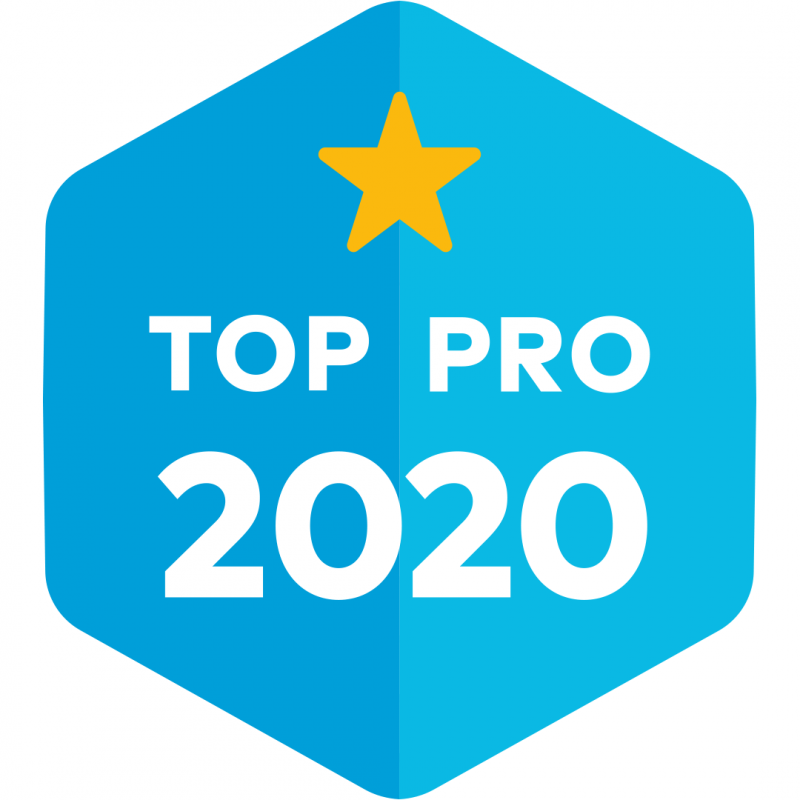 Blue hexagon badge with yellow star and white text reading “TOP PRO 2020”
