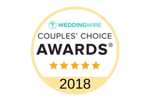 WeddingWire Couples’ Choice Awards 2018 badge with five gold stars and blue logo text