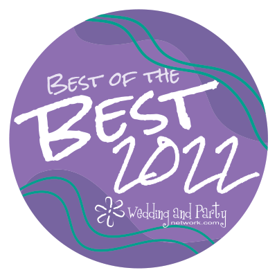 Purple circular “Best of the West 2022” wedding and party logo with teal accents