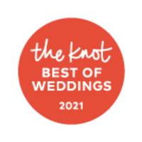 The Knot “Best of Weddings” 2021 badge in a red circle with white text