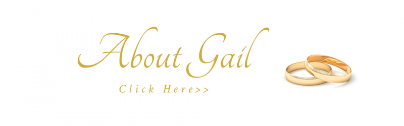 Wedding-themed banner reading “About Gail” with “Click Here” and two gold rings on a white background
