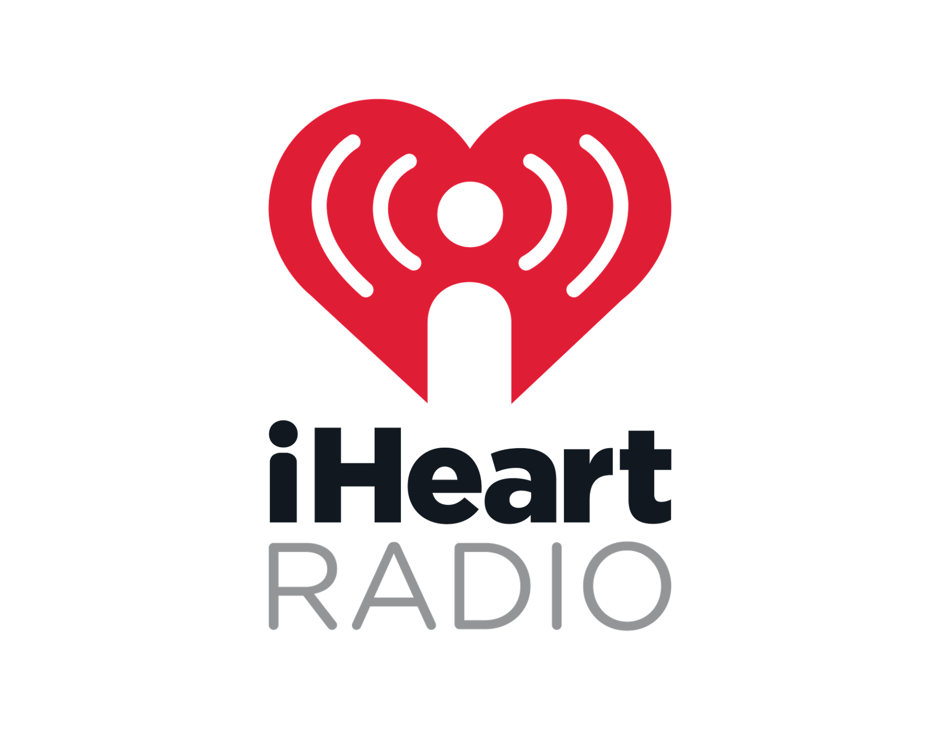 The logo for iheart radio is a red heart with antennas on it.
