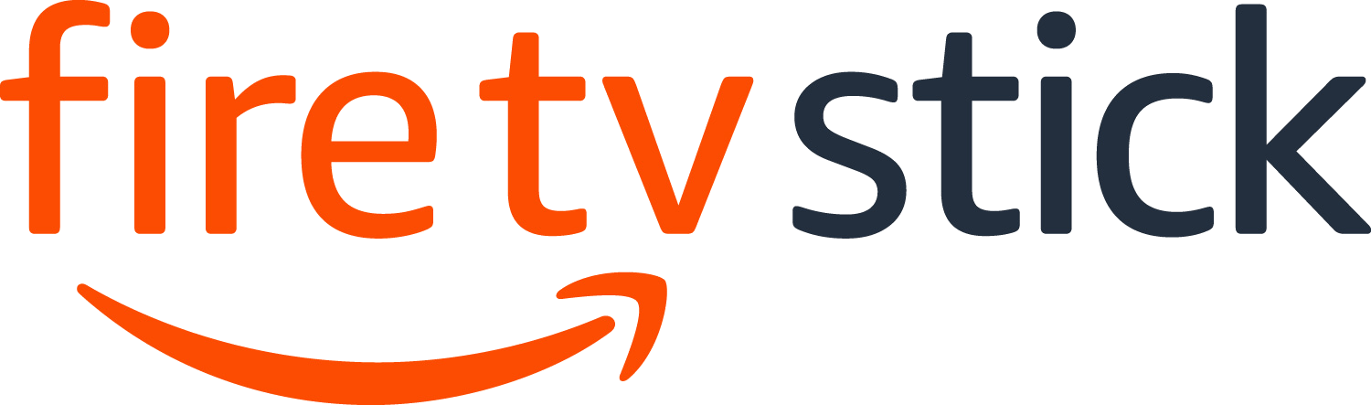 The fire tv stick logo is orange and black and has a smile on it.