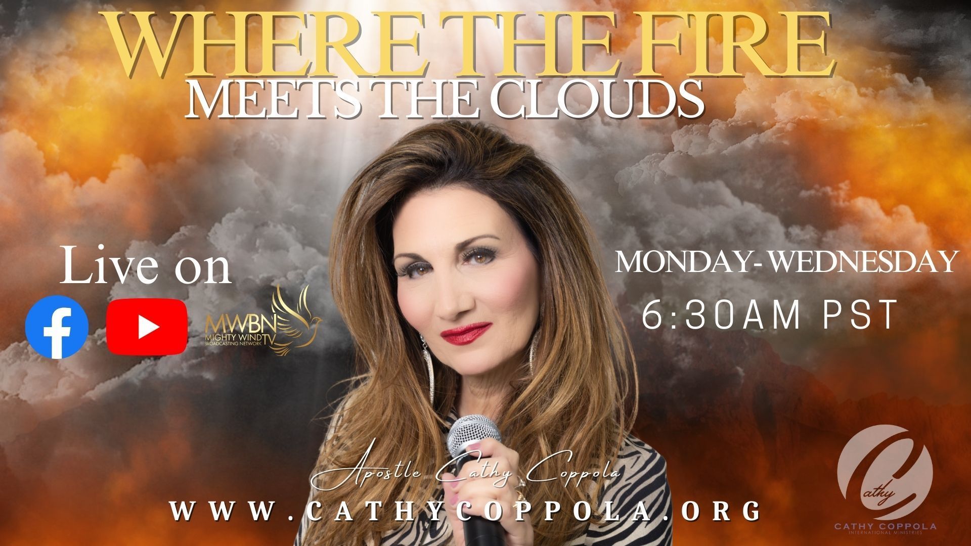 Kingdom Living with Apostle Cathy Coppola. 
Online weekday morning's 6:30 am PST Bible Study. 
Find us on Facebook, Youtube and Mighty Wind TV Network! 
