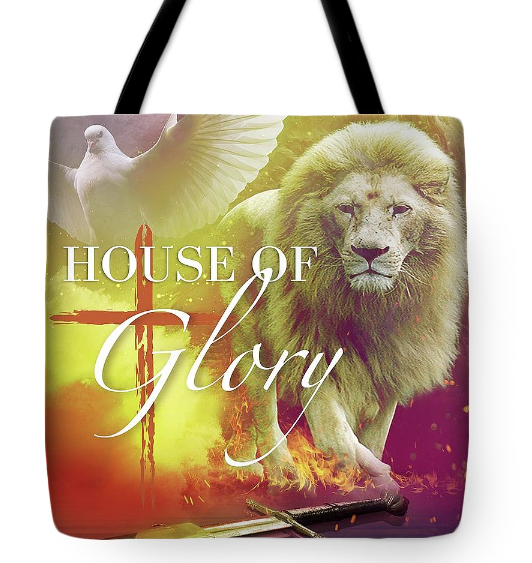 A tote bag with a picture of a lion and the words house of glory church