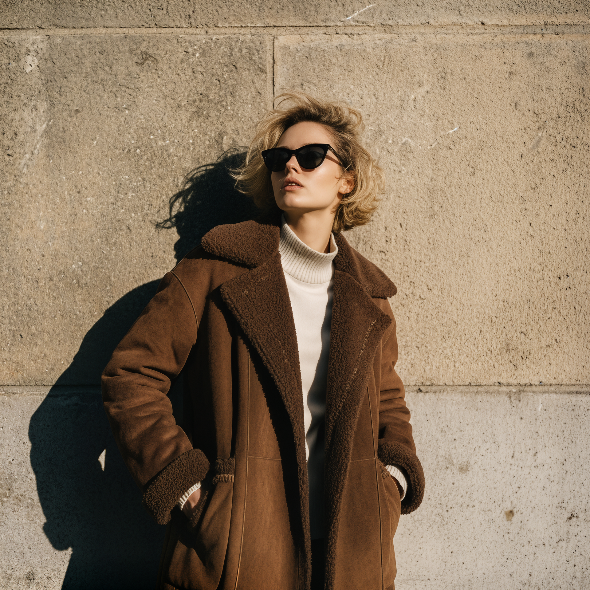 Donna con occhiali da sole e un cappotto marrone a forma di orsacchiotto, appoggiata a un muro di cemento.