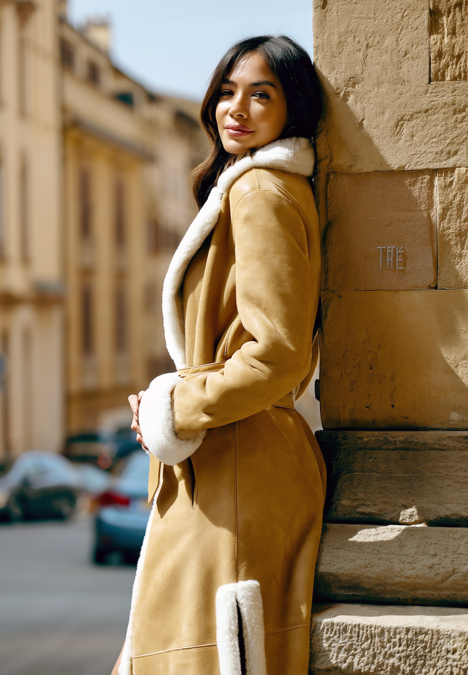 Donna con cappotto marrone chiaro foderato di bianco, appoggiata a un muro di pietra. Contesto urbano, soleggiato.