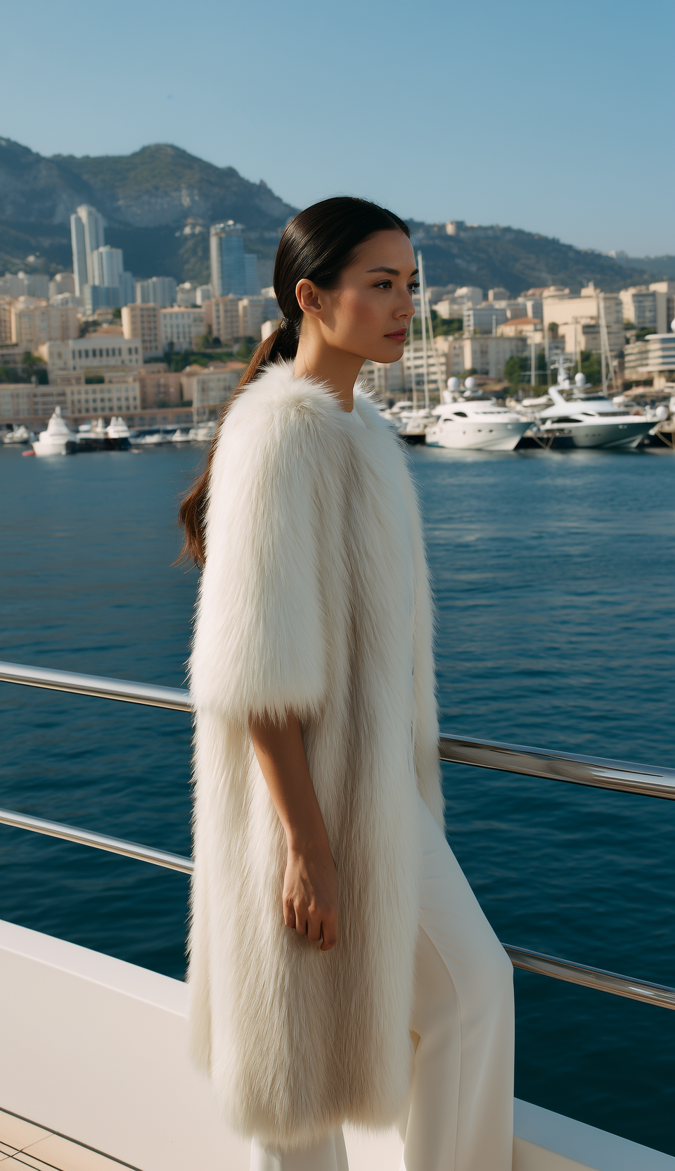 Una donna con pelliccia bianca e pantaloni è in piedi su uno yacht, con vista sulla città e sul porto con le montagne.