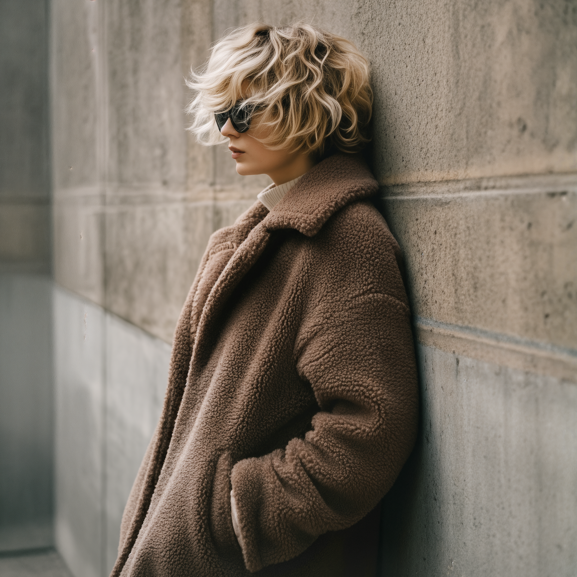 Donna con occhiali da sole e un cappotto marrone a forma di orsacchiotto, appoggiata a un muro di cemento.