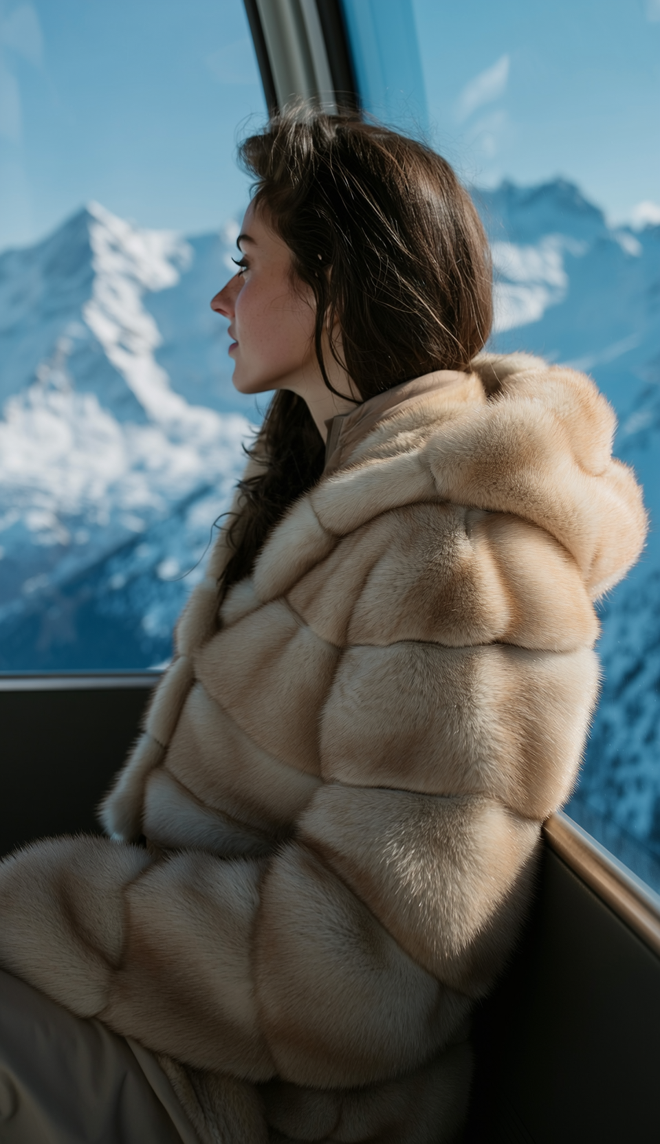 Donna con cappuccio foderato di pelliccia che sorride alla telecamera, montagne sullo sfondo.