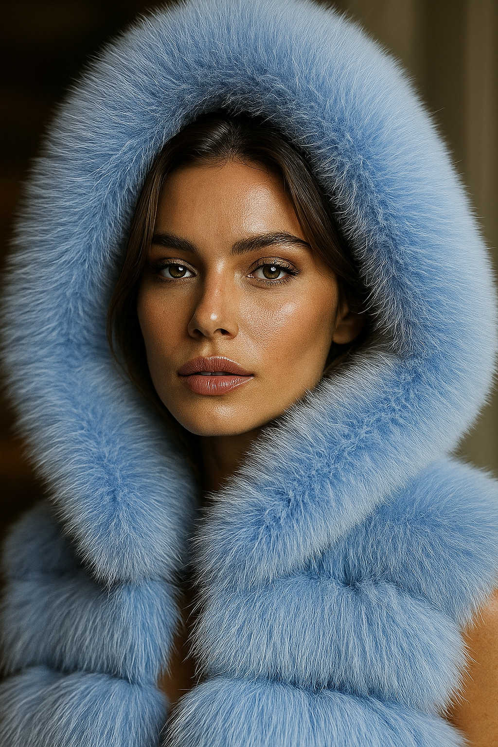 Donna che indossa un gilet di pelliccia azzurro con cappuccio, guarda avanti con un'espressione neutra.