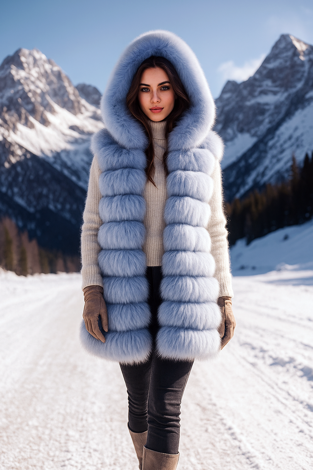 Donna che indossa un gilet di pelliccia azzurro con cappuccio, guarda avanti con un'espressione neutra.