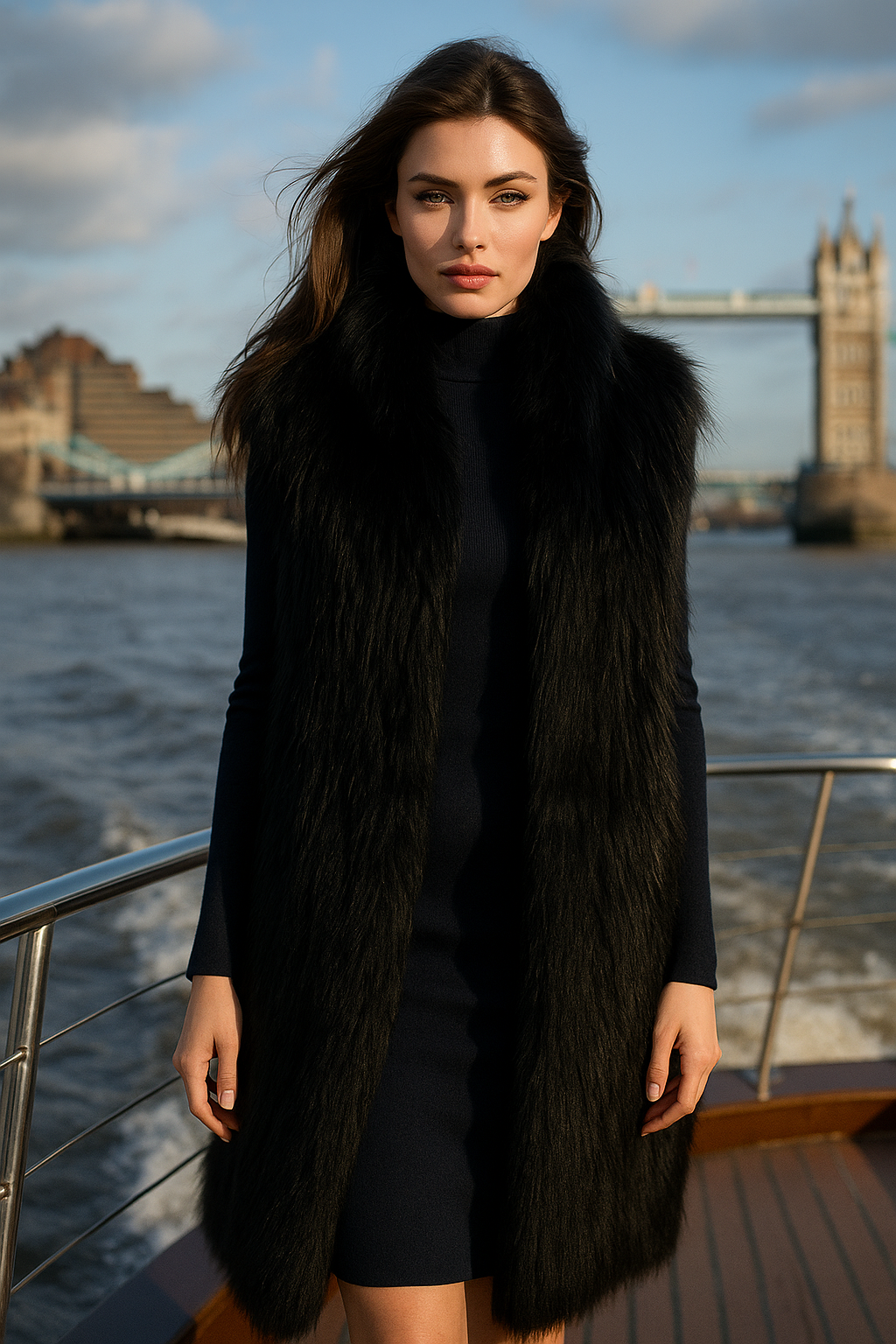 Donna con gilet e abito di pelliccia nera, in piedi su una barca con il Tower Bridge sullo sfondo.