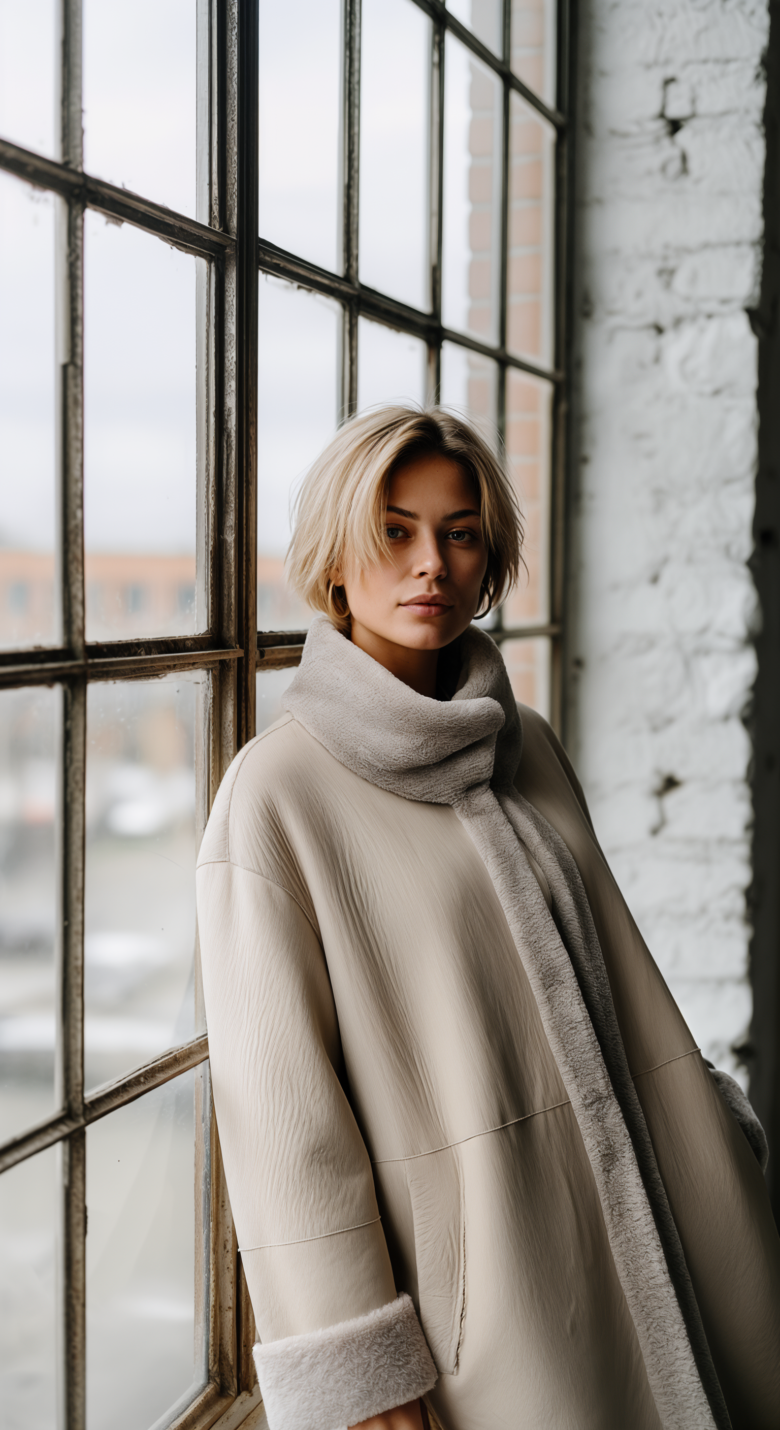 Donna con corti capelli biondi che indossa un cappotto color crema e una sciarpa, in piedi vicino a una grande finestra.