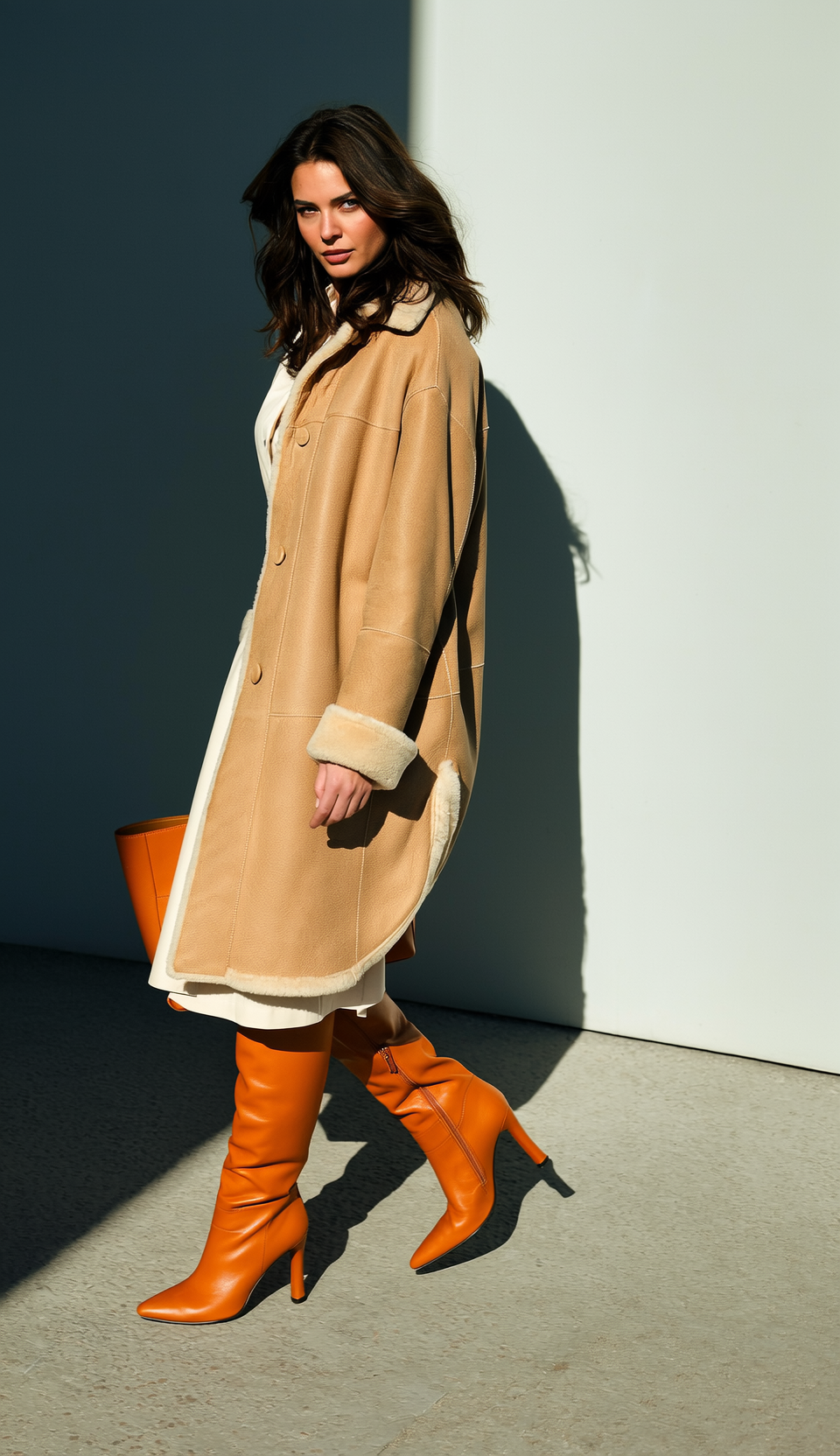 Donna che indossa un cappotto di montone color marrone, un abito bianco e stivali arancioni, e porta una borsa marrone.