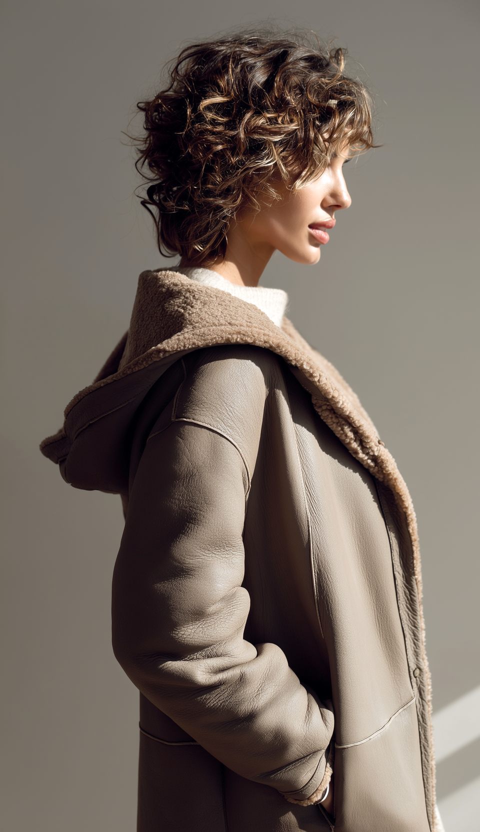Donna seduta con cappotto marrone chiaro e cappuccio, che guarda verso l'osservatore; sfondo neutro.