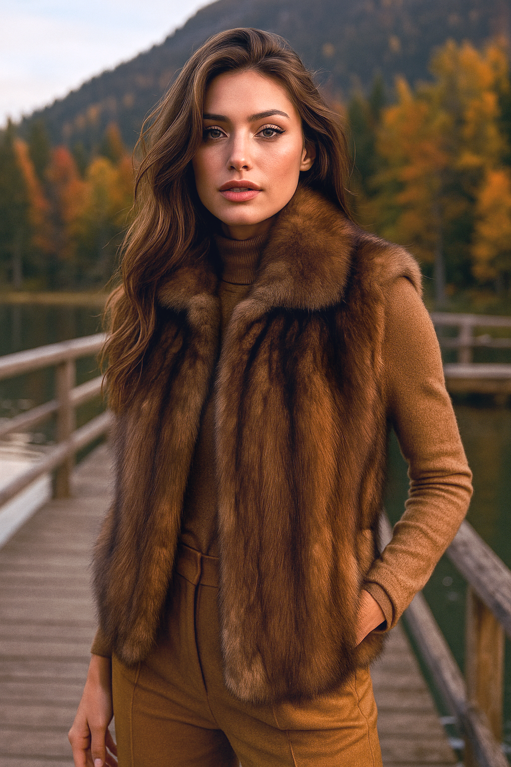 Donna con gilet di pelliccia marrone e dolcevita, in piedi su un molo di legno in riva a un lago con fogliame autunnale.