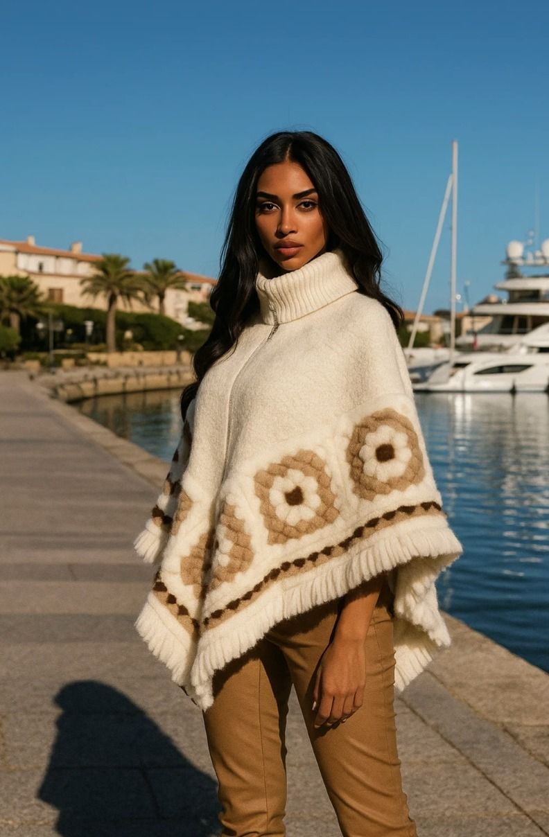 Donna che indossa un poncho color crema e marrone, in piedi vicino a uno specchio d'acqua con delle barche.