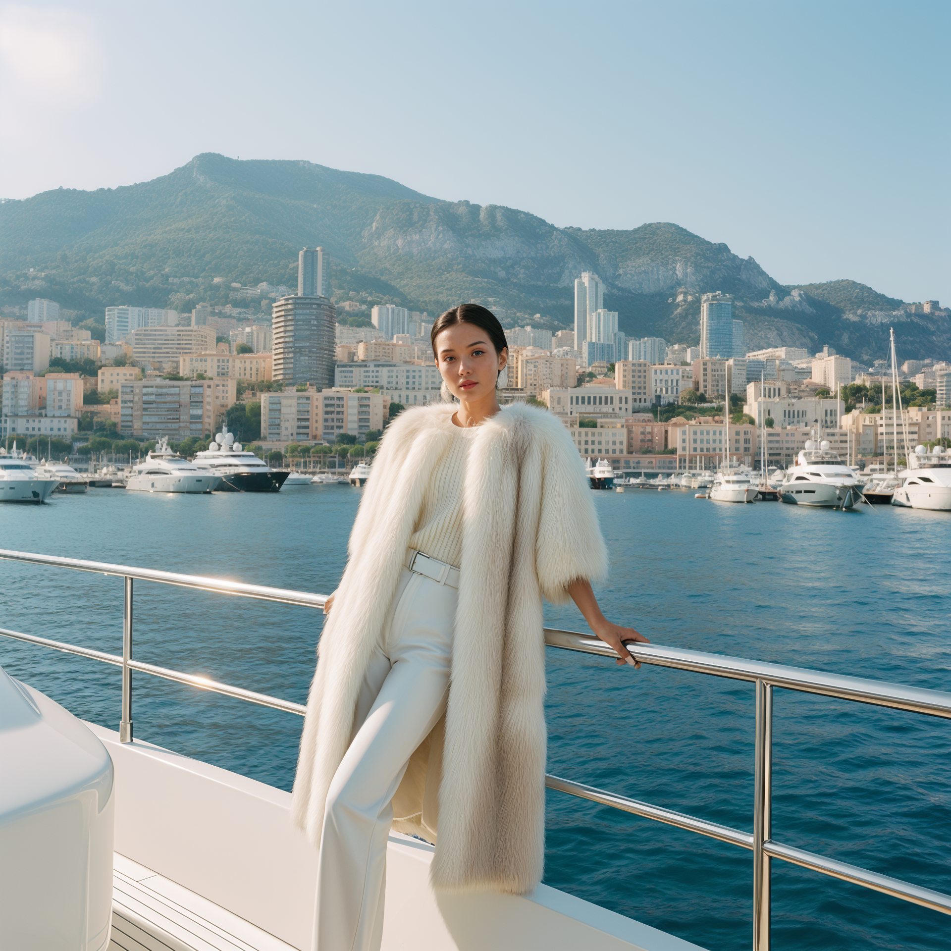 Una donna con pelliccia bianca e pantaloni è in piedi su uno yacht, con vista sulla città e sul porto con le montagne.