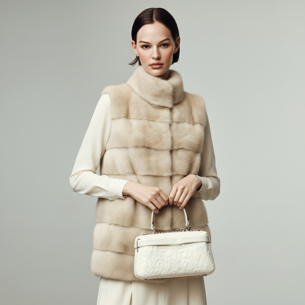 Donna con gilet di pelliccia, con in mano una borsa bianca. Colori beige chiaro e avorio.