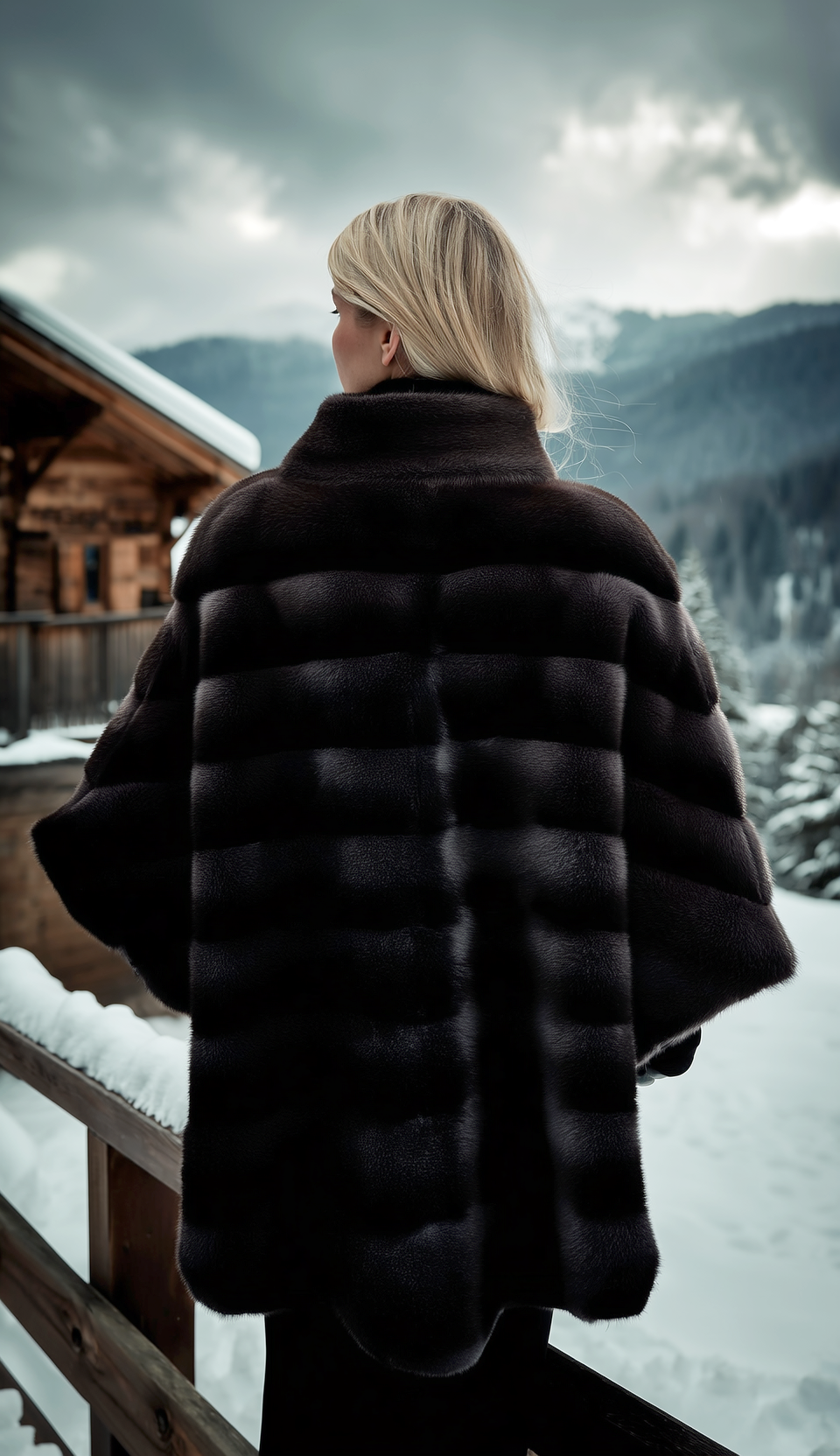 Donna bionda con una pelliccia marrone che osserva un paesaggio montano innevato da un balcone.