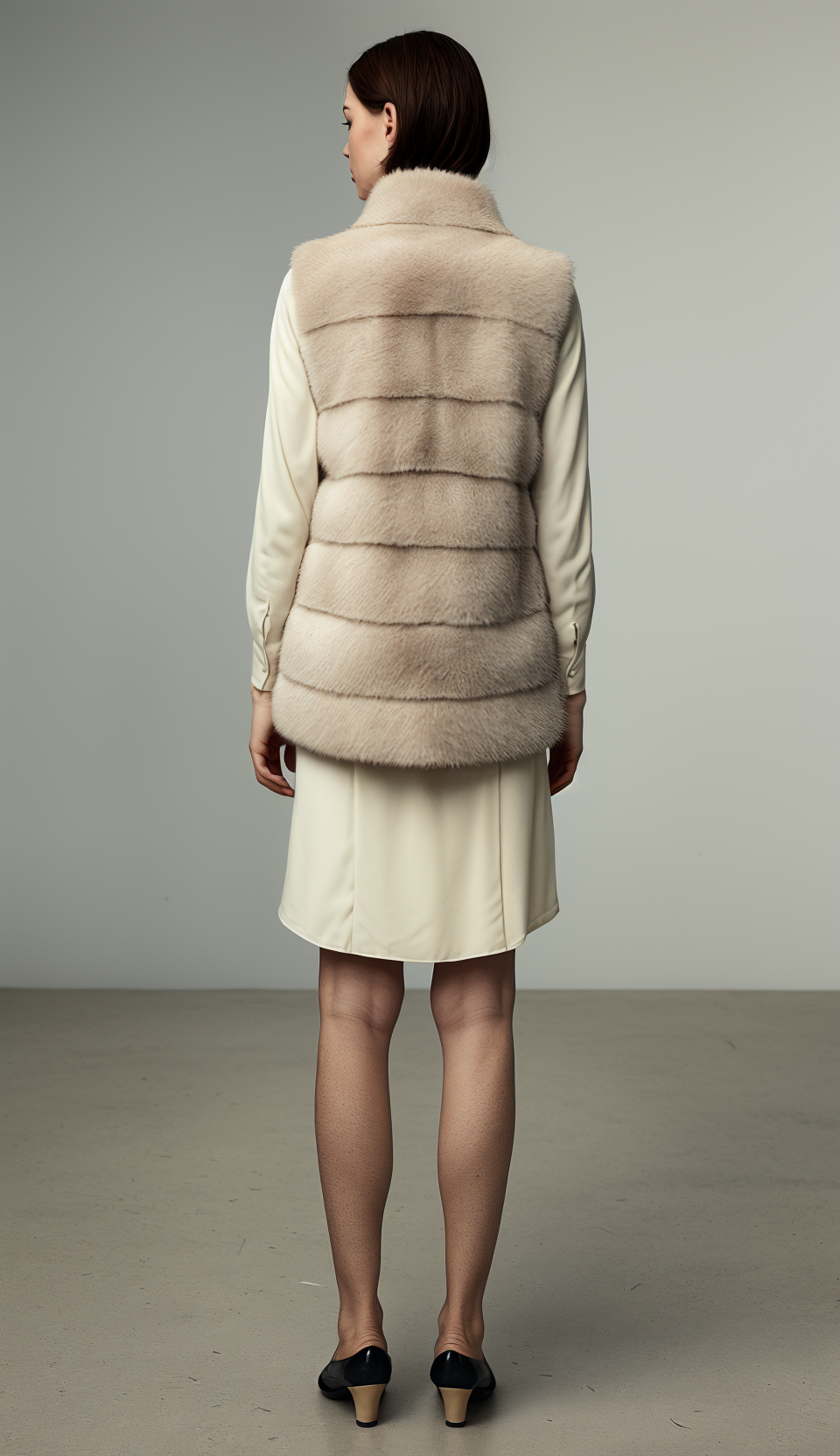 Donna con gilet di pelliccia, con in mano una borsa bianca. Colori beige chiaro e avorio.