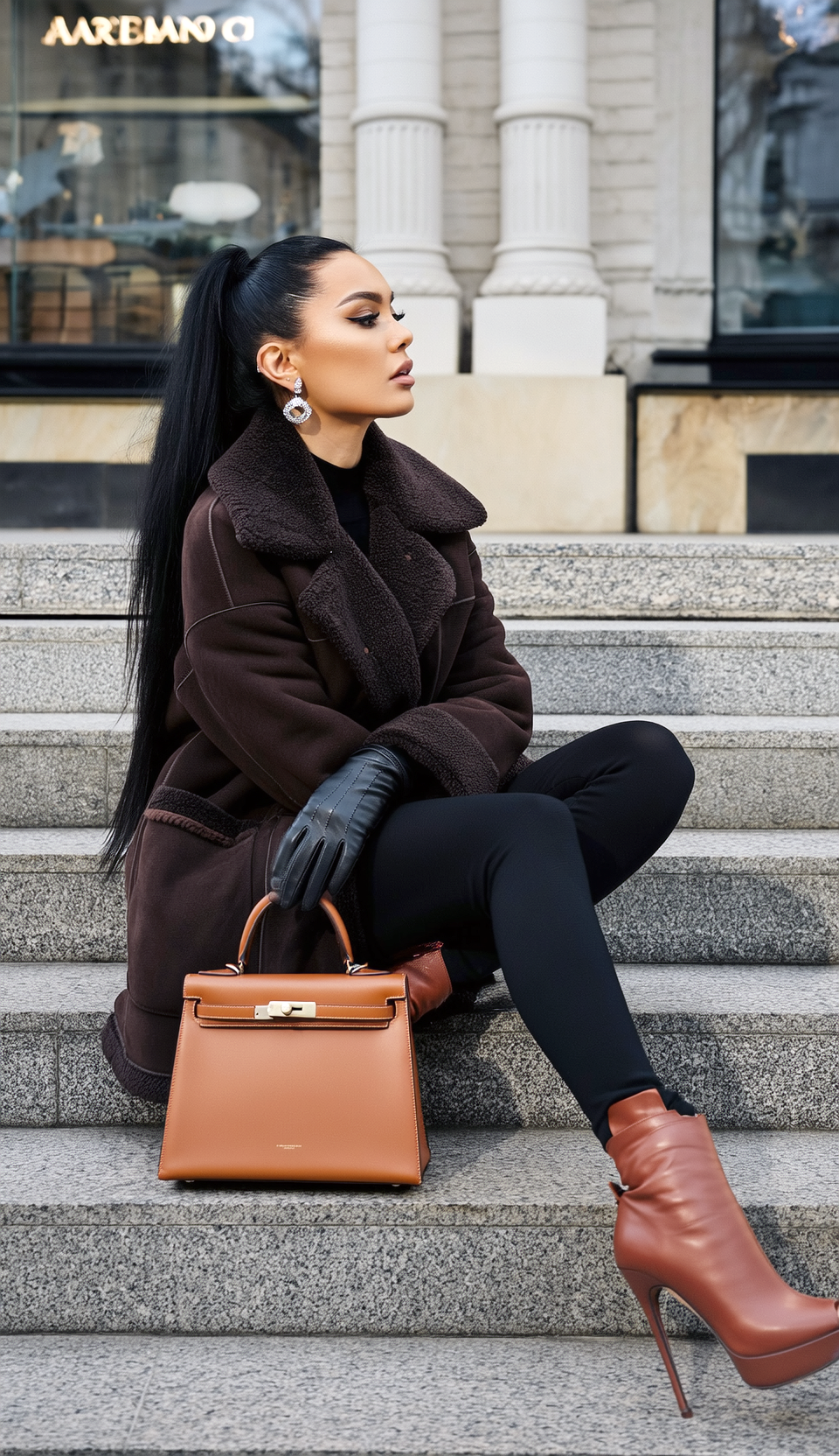 Donna con cappotto marrone e stivali, leggings neri, con in mano una borsa marrone, sui gradini davanti a un negozio.