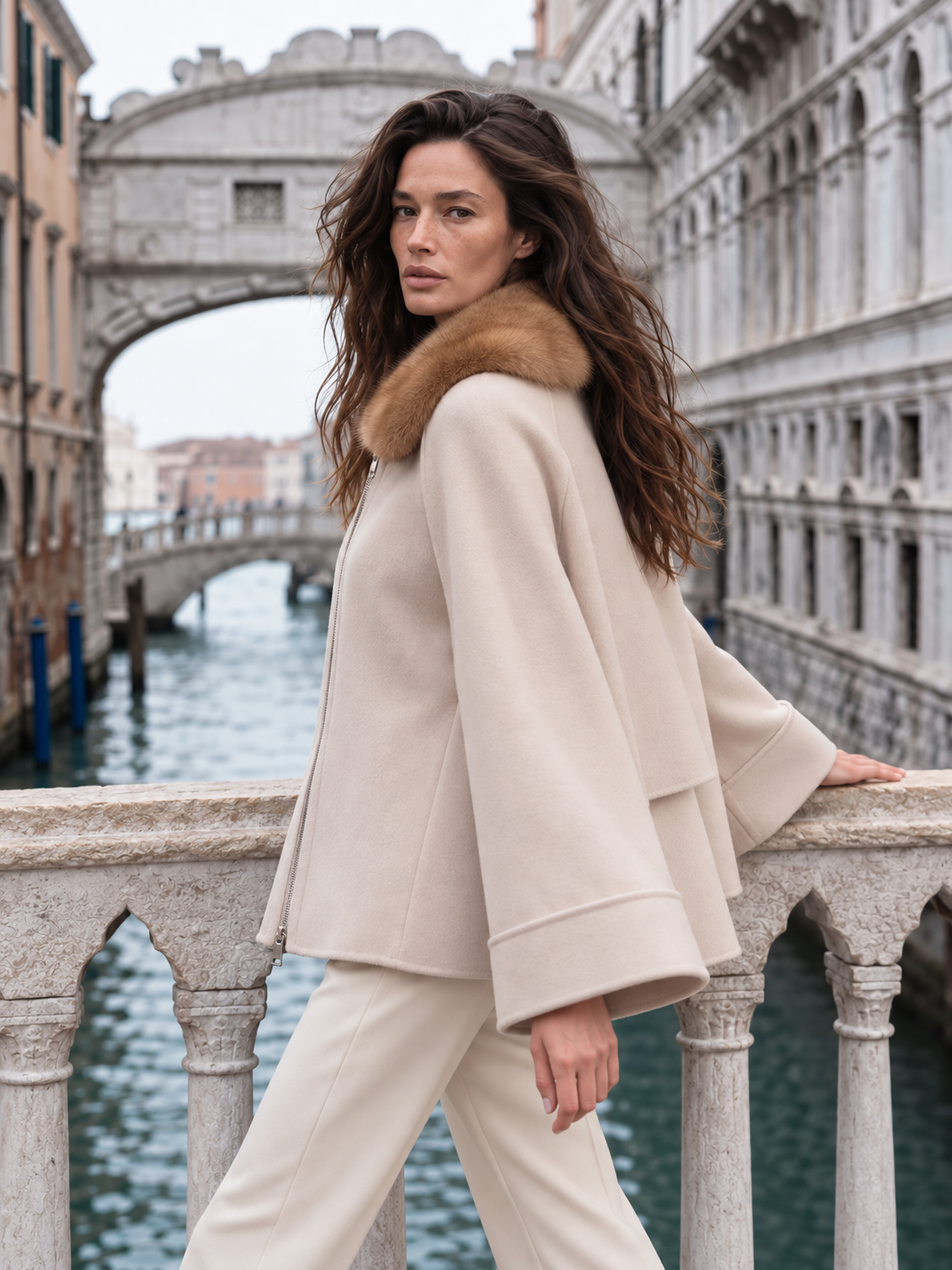 Giacca in Puro Cashmere Ecru con Collo in Visone Wild