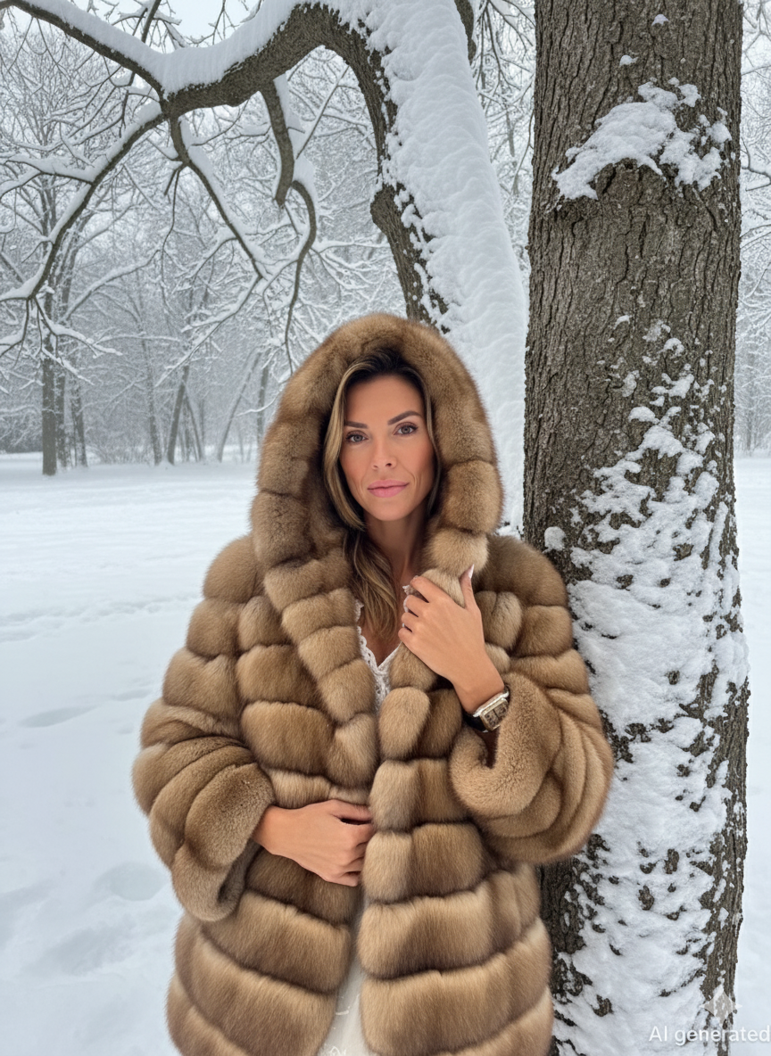 Donna con un cappotto di pelliccia marrone con cappuccio in una foresta innevata, appoggiata a un albero.