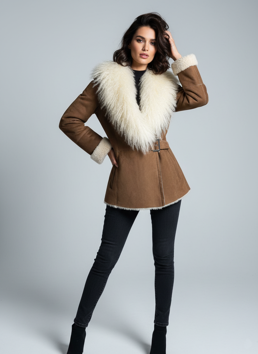 Donna con cappotto marrone con collo di pelliccia bianca e pantaloni neri.