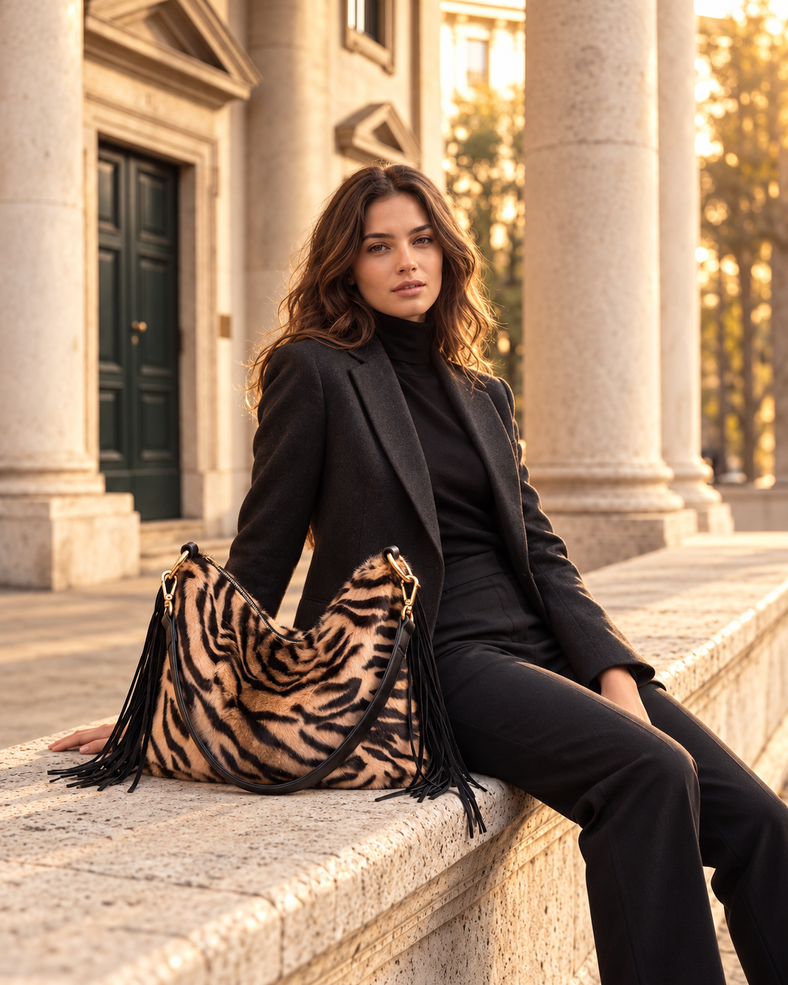 Borsa in Pelo Kid Animalier Rosa Cipria con Frange in Camoscio