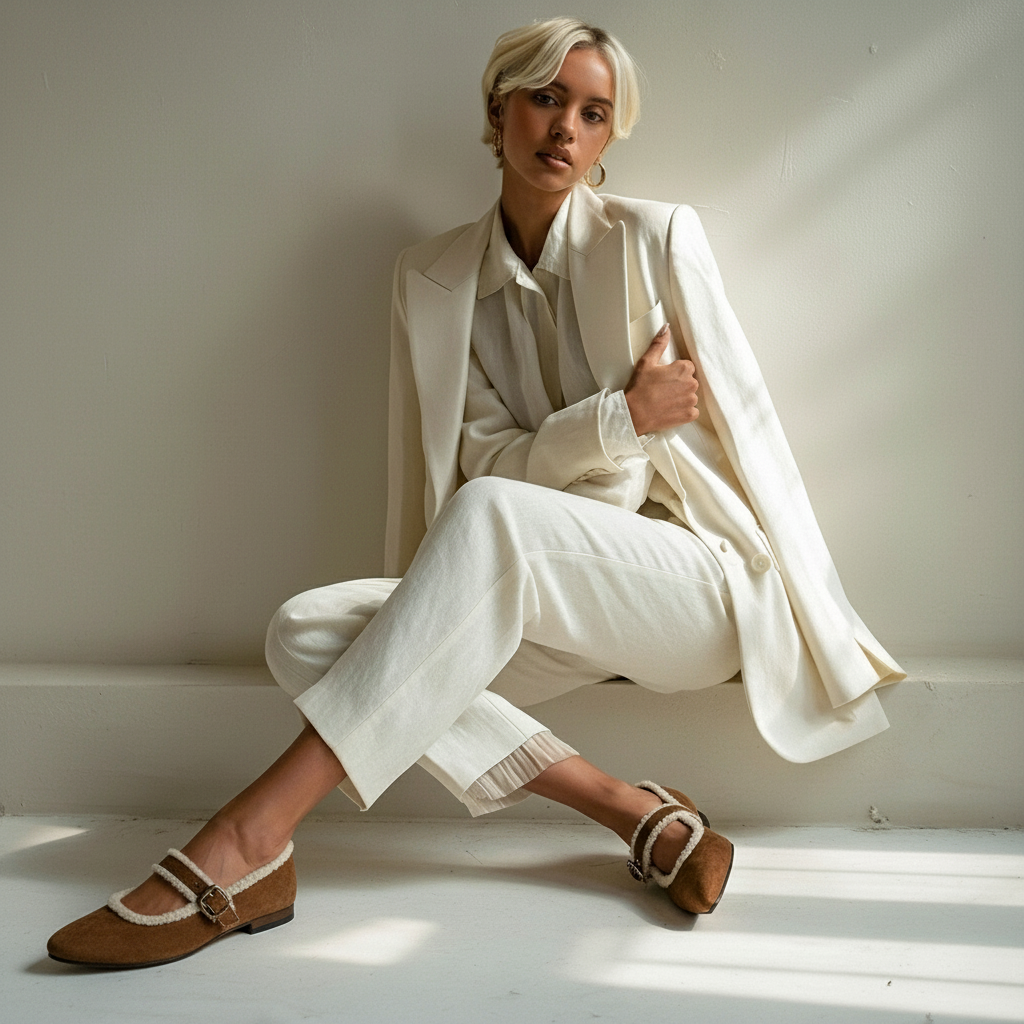 Donna in tailleur color crema, seduta, scarpe marroni, appoggiata a un muro bianco, luce naturale.