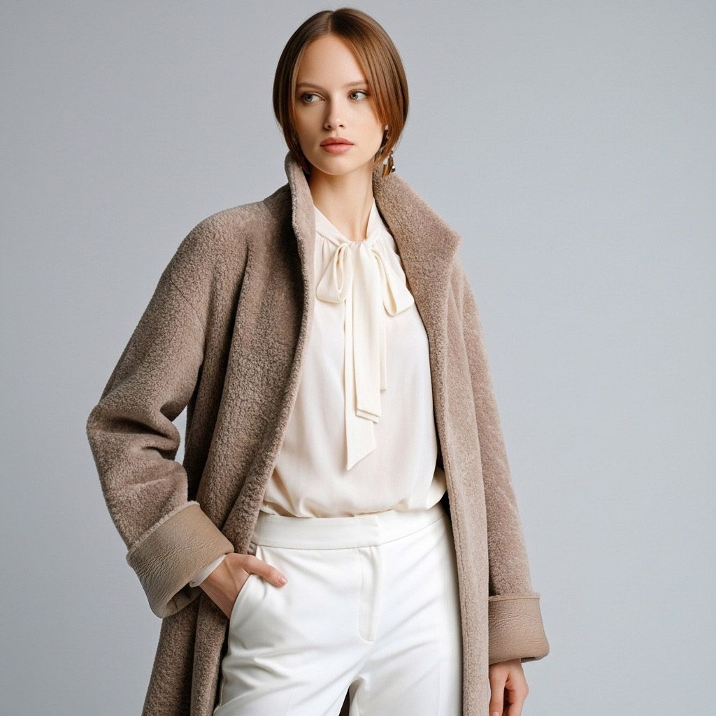 Donna con corti capelli biondi che indossa un cappotto color crema e una sciarpa, in piedi vicino a una grande finestra.