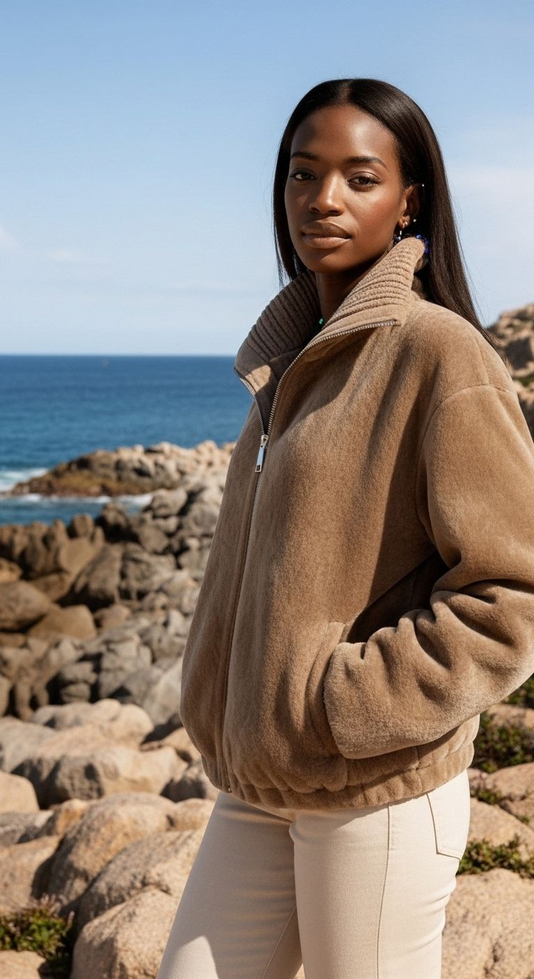 Donna con giacca di pile marrone, in piedi all'aperto in riva al mare.