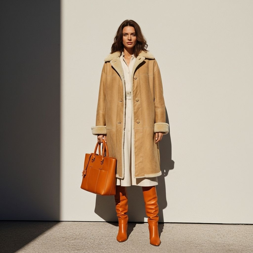 Donna che indossa un cappotto di montone color marrone, un abito bianco e stivali arancioni, e porta una borsa marrone.